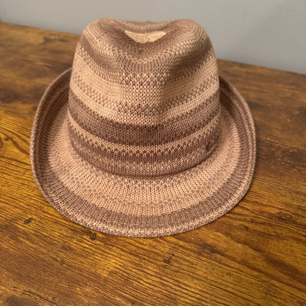 Ben Sherman Brown Tan Knit Fedora Hat L/XL Striped Polyester‎ Trilby